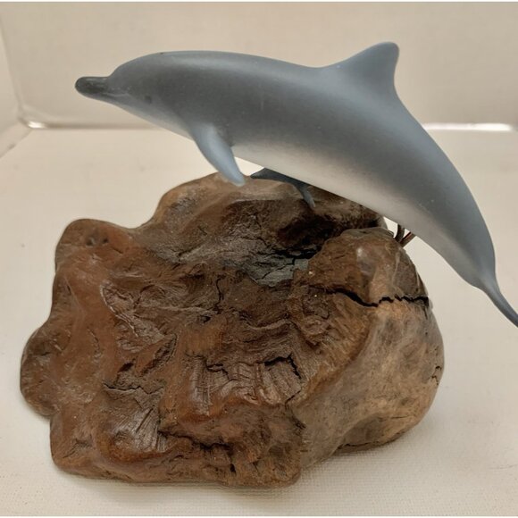 John Perry Dolphin Mother & Baby Blue Sculpture Figure Burl Wood Base 4.5" - Picture 3 of 7